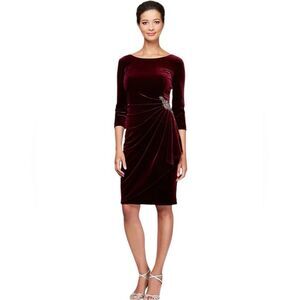 🌸HP🌸ALEX EVENINGS Stretch Velvet Ruched Petite Dress with Beaded Hip!